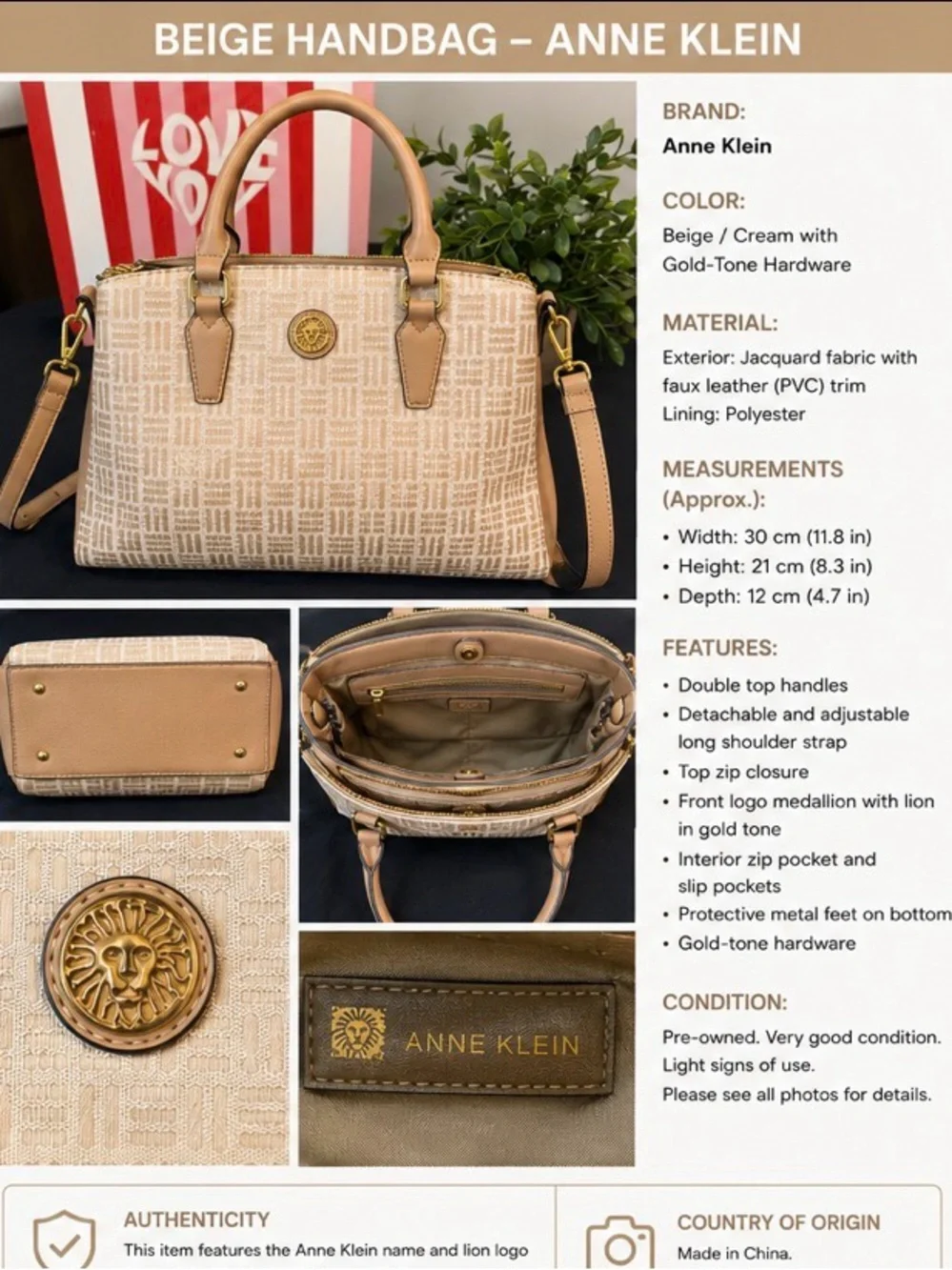Anne Klein Beige Jacquard Satchel with Gold-Tone Accents